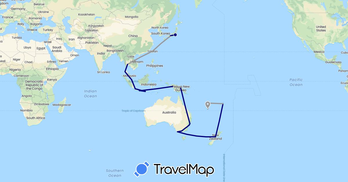 TravelMap itinerary: driving, plane in Australia, Fiji, France, Indonesia, Japan, Malaysia, New Zealand, Papua New Guinea, Singapore, Thailand, Taiwan, Vanuatu (Asia, Europe, Oceania)