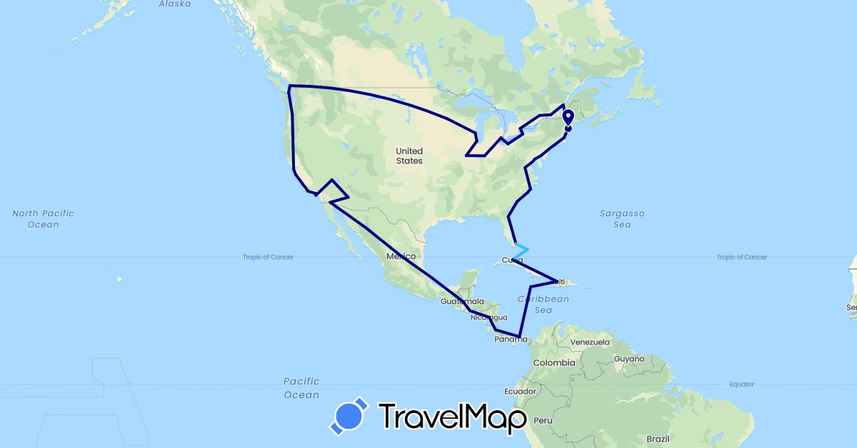 TravelMap itinerary: driving, boat in Bahamas, Canada, Costa Rica, Cuba, Guatemala, Haiti, Jamaica, Mexico, Nicaragua, Panama, El Salvador, United States (North America)